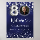 80e verjaardag blauwe zilveren sterren foto welkom poster (Voorkant)