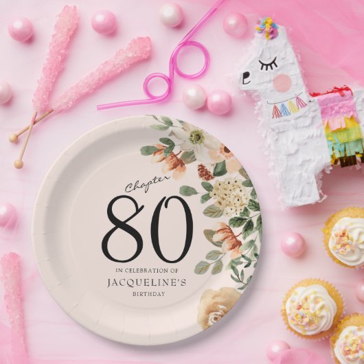 80e verjaardag  Bloemen Papieren Bordje (Feest)