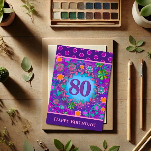 80e Verjaardag Bloemen Roze Groene Inspirerende Ka Kaart