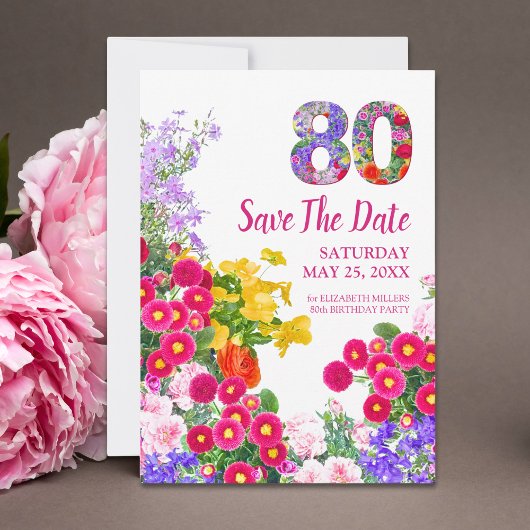 80e verjaardag bloemenmodern Save The Date Kaart