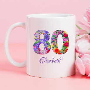 80e verjaardag bloemige kleurrijke naam mok