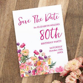 80e verjaardag bloemrijke moderne Save The Date an Aankondigingskaart