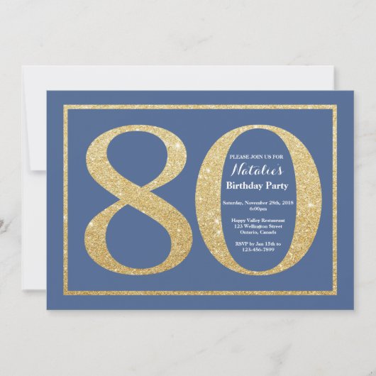 80e verjaardag Blue en Gold Glitter Kaart (Voorkant)