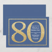 80e verjaardag Blue en Gold Glitter Kaart (Voorkant / Achterkant)