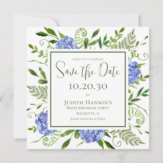 80e verjaardag Blue Hydrangeas Surprise Party Save The Date (Voorkant)