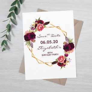 80e verjaardag bordeauxrood bloem wit Save the Dat Briefkaart