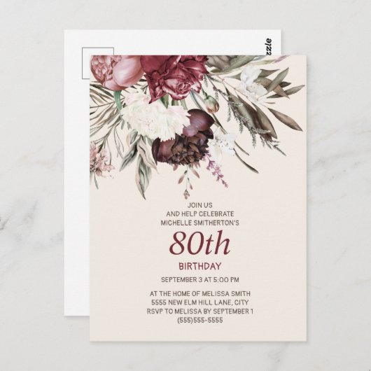 80e verjaardag Bourgogne Ivory Floral Cream Briefkaart (Voorkant / Achterkant)