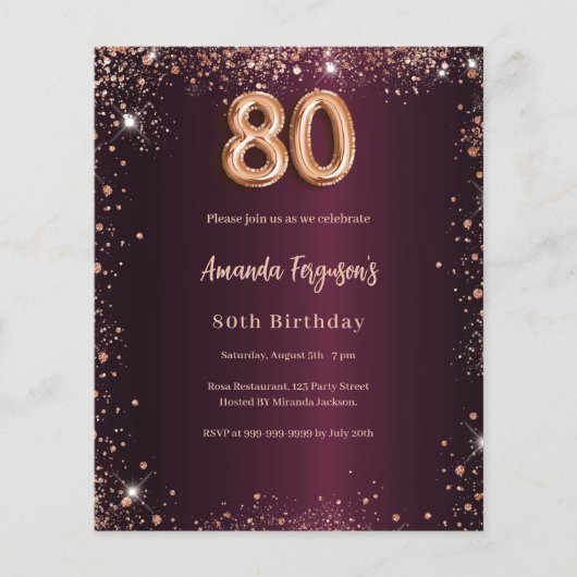 80e verjaardag Bourgondië gouden uitnodiging (Voorkant)