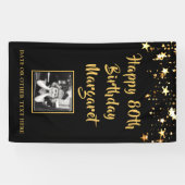 80e verjaardag Brush Script Gold Stars Foto Zwart Spandoek (Horizontaal)