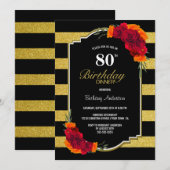 80e verjaardag diner Goud Gestreepte Rode Bloemen Kaart (Voorkant / Achterkant)