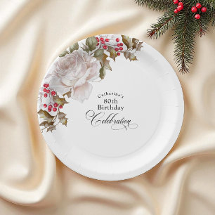 80e verjaardag Elegant December Bloemen Papieren Bordje