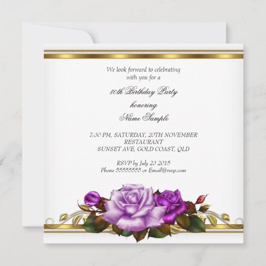 80e verjaardag Elegant Paars Gold Rozen B Kaart (Achterkant)