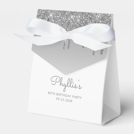 80e verjaardag Elegant Silver Glitter Drip Script Bedankdoosjes (Voorkant Zijde)