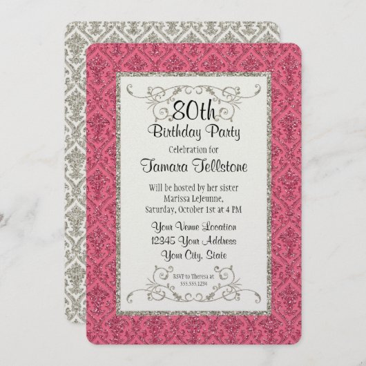 80e verjaardag Faux Gold Glitter Damask Pattern Kaart (Voorkant / Achterkant)