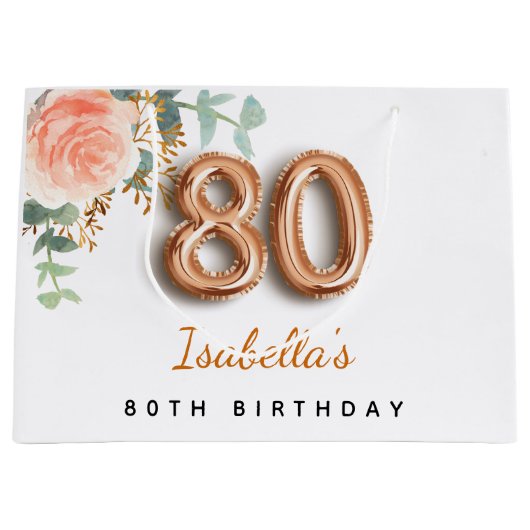 80e verjaardag floraal roos goud eucalyptusverjaar groot cadeauzakje (Voorkant)