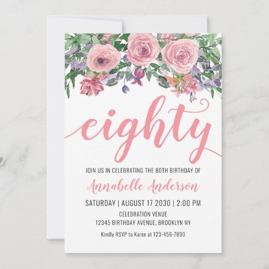 80e verjaardag Floral Blush Pink Waterverf Rustic Kaart (Voorkant)