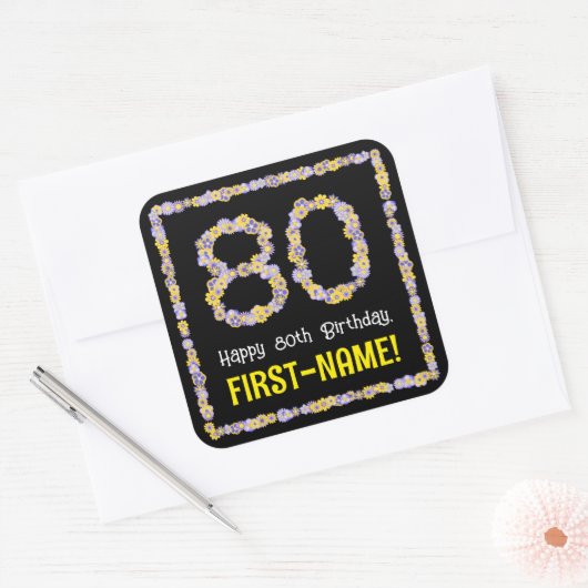 80e verjaardag: Floral Flowers Number, Custom Name Vierkante Sticker (Envelop)