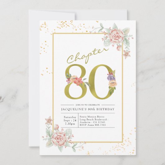 80e verjaardag Floral Gold Script Kaart (Voorkant)