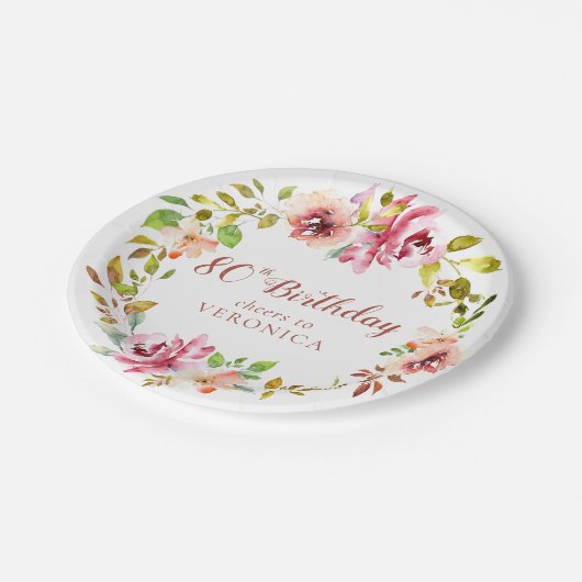 80e verjaardag Floral Wreath Papieren Bordje (Gekanteld)