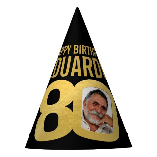 80e verjaardag foto gepersonaliseerde zwart en gou feesthoedjes (Voorkant)