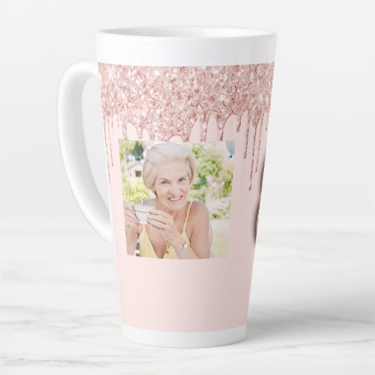 80e verjaardag foto roos goud glitter roze ballon latte mok (Linkerhoek)