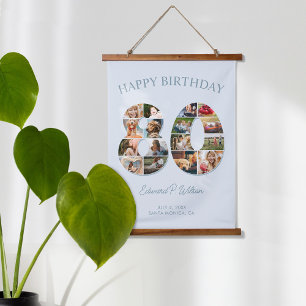 80e verjaardag fotocollage Elegant en tijdloos Hangend Wandkleed