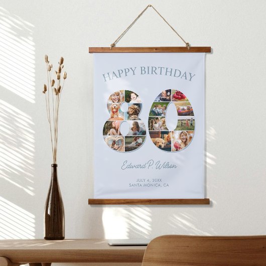 80e verjaardag fotocollage Elegant en tijdloos Hangend Wandkleed