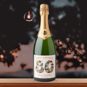 80e verjaardag fotocollage Elegant en tijdloos Sparkling Wijnetiket