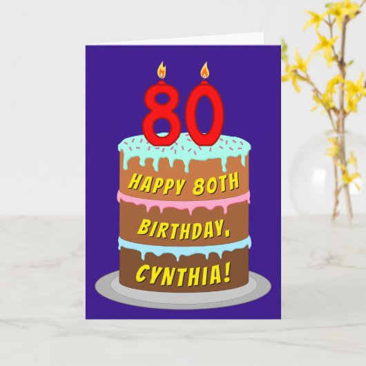 80e verjaardag: Fun Cake and Candles + Custom Name Kaart (Gele Bloem)