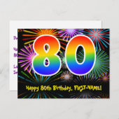 80e verjaardag - Fun Fireworks Pattern + Rainbow 8 Briefkaart (Voorkant / Achterkant)