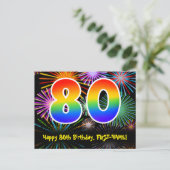 80e verjaardag - Fun Fireworks Pattern + Rainbow 8 Briefkaart (Staand voorkant)