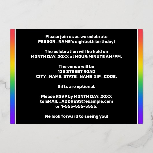 80e verjaardag: Fun, kleurrijk regenboogpatroon Folie Uitnodiging (Achterkant)