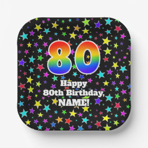 80e verjaardag: Fun Stars Pattern en Rainbow "80" Papieren Bordje
