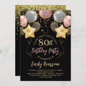 80e verjaardag Gold Glitter Balloons Black Kaart (Voorkant / Achterkant)