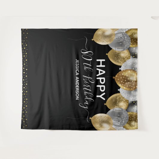 80e verjaardag Gold Silver Black Balloons Tapestry Wandkleed (Voorkant (horizontaal))