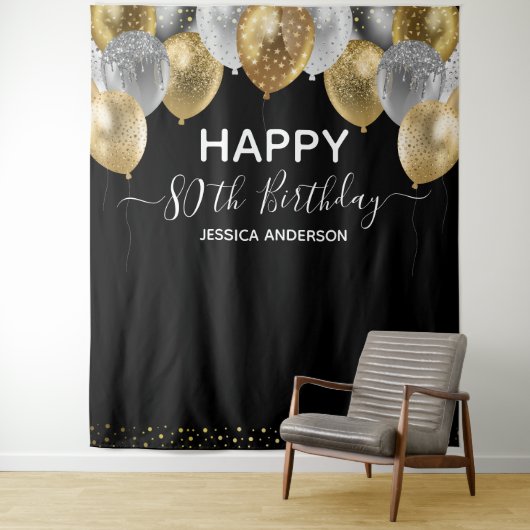 80e verjaardag Gold Silver Black Balloons Tapestry Wandkleed (In situ)