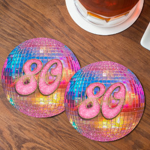 80e Verjaardag Goud Roze Glitters Dansen Disco Bal Ronde Kartonnen Onderzetter