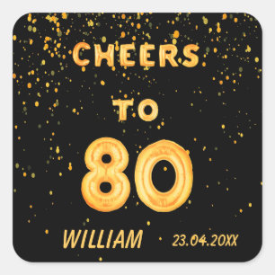 80e verjaardag gouden ballonnen zwarte kasten 80 vierkante sticker