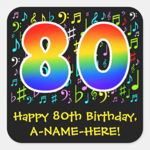 80e verjaardag: Kleurrijke muzieksymbolen, regenbo Vierkante Sticker