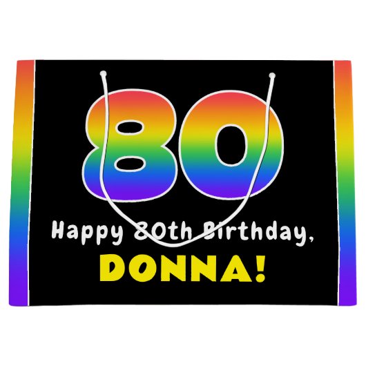 80e verjaardag: kleurrijke regenboog # 80, aangepa groot cadeauzakje (Voorkant)