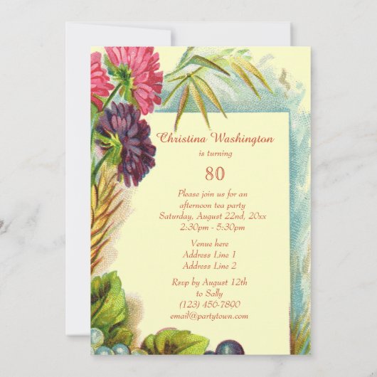  80e verjaardag, kleurrijke vruchten en bloemen kaart (Achterkant)