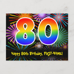 80e verjaardag – leuk vuurwerkpatroon + regenboog  briefkaart