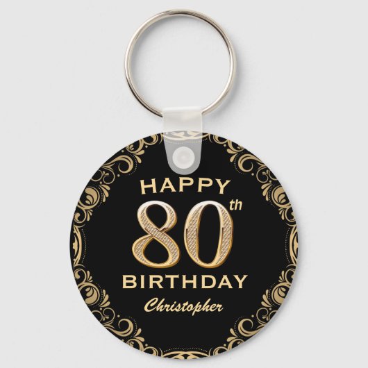 80e verjaardag Lijst voor zwarte en goudglitter Sleutelhanger (Voorkant)