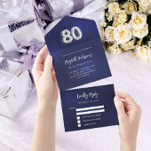 80e Verjaardag marine blauw zilver rsvp All In One Uitnodiging