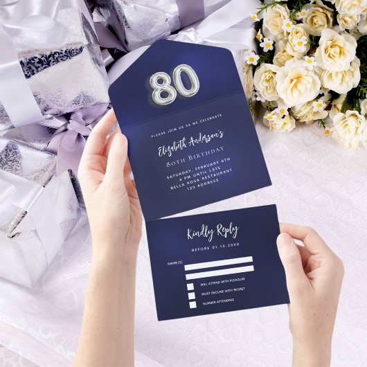 80e Verjaardag marine blauw zilver rsvp All In One Uitnodiging