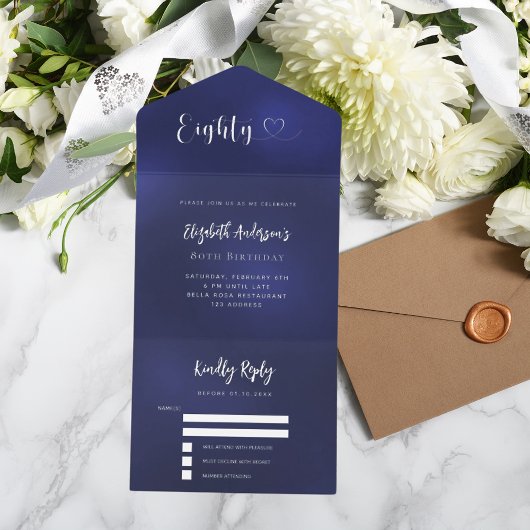 80e Verjaardag marine blauw zilver rsvp All In One Uitnodiging