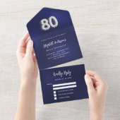 80e Verjaardag marine blauw zilver rsvp All In One Uitnodiging (Afscheurbaar)