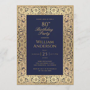 80e Verjaardag Marineblauw Gouden Rozen Elegant Vi Kaart
