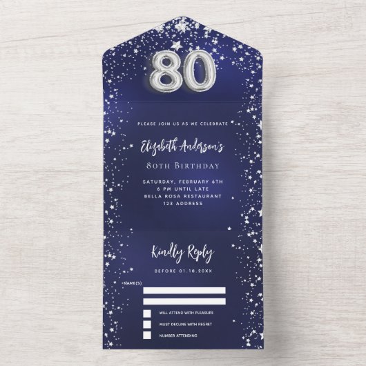 80e Verjaardag marineblauw zilver sterren rsvp All In One Uitnodiging (Binnen)