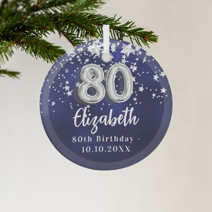 80e verjaardag marinesblauwe zilversterren glas ornament